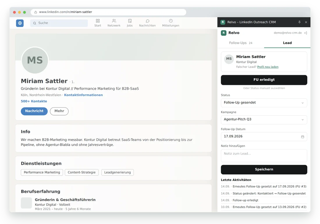 Relvo Seitenpanel neben einem LinkedIn-Profil